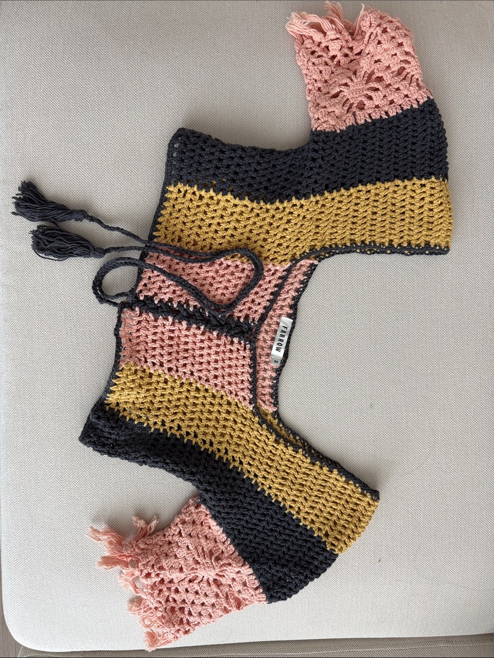 Tie-Front Crochet Colorblock Crop Top in Yellow, Pink & Black - Picture 3 of 6
